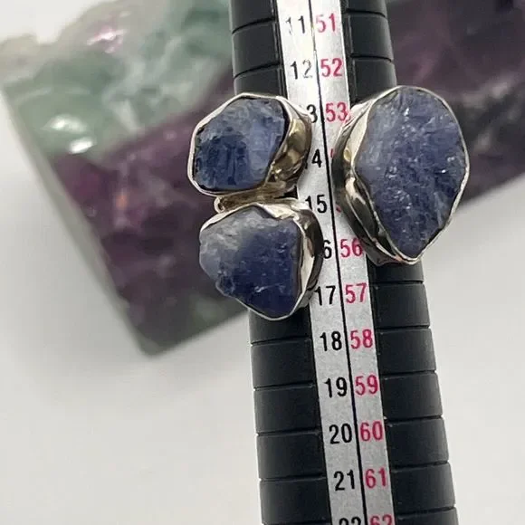 Sterling Silver Raw Amethyst Ring Chunky Triple Stone Size O Stamped 925 - Picture 10 of 12
